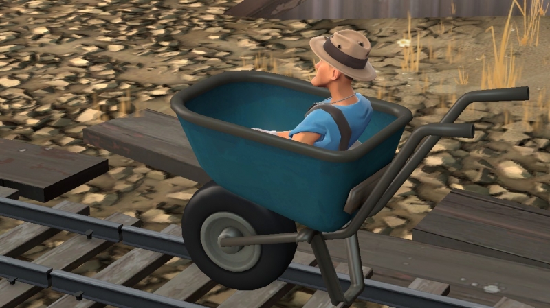 Scout in wheelbarrow.